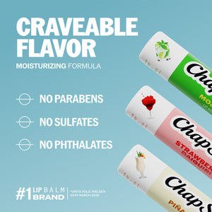 ChapStick Mocktail Collection lip balm sticks with moisturizing formula and no-parabens icons