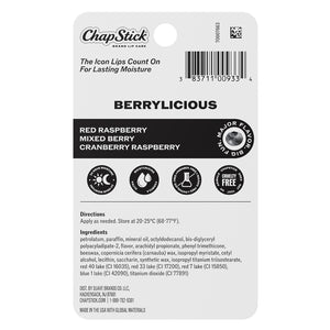 ChapStick Berrylicious lip balm package back with ingredients and directions