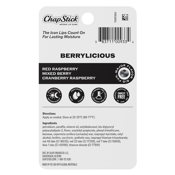 ChapStick Berrylicious lip balm package back with ingredients and directions