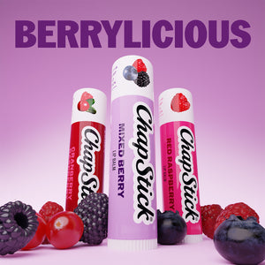 Berrylicious lip balm trio with purple and red tubes and berry fruit accents