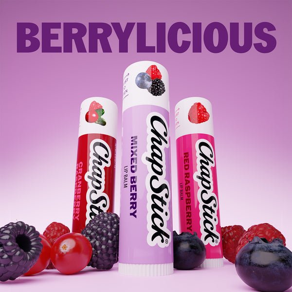 Berrylicious lip balm trio with purple and red tubes and berry fruit accents