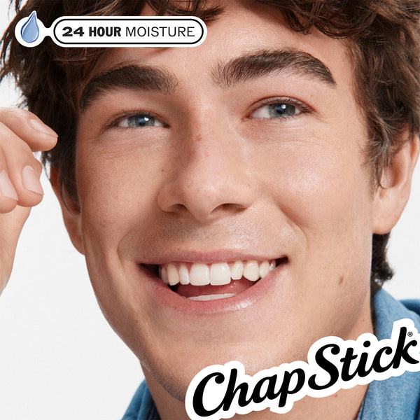 ChapStick lip balm applied on lips with 24 hour moisture claim