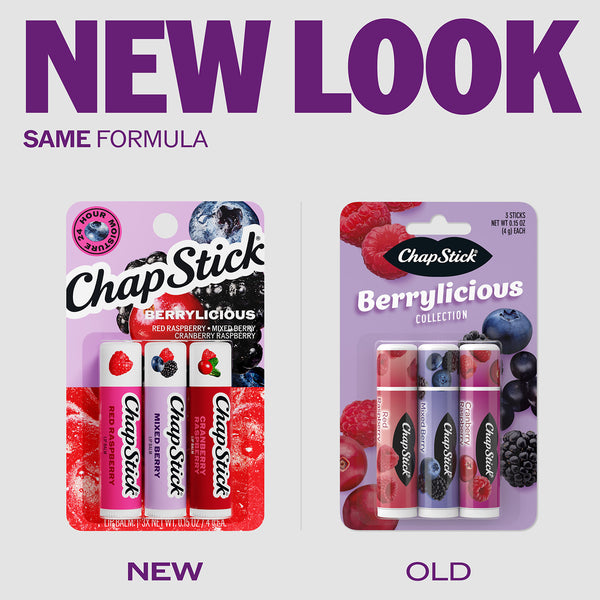 Berrylicious lip balm collection blister packs labeled NEW and OLD
