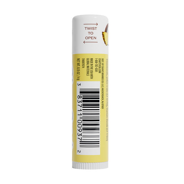 ChapStick lip balm tube with twist-up cap, white and yellow packaging.