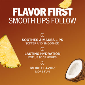 ChapStick lip balm with coconut pieces, 'Flavor first' smooth lips graphic.