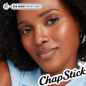 ChapStick lip balm on a person’s lips with 24 hour moisture badge