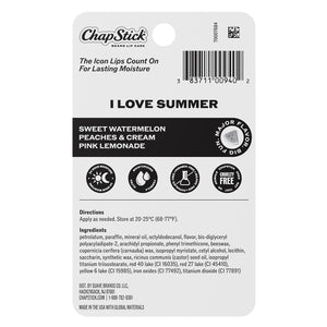 Back label for ChapStick I Love Summer lip balm pack with flavor list