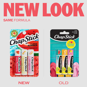 ChapStick I Love Summer 3-pack display showing Sweet Watermelon, Peaches & Cream