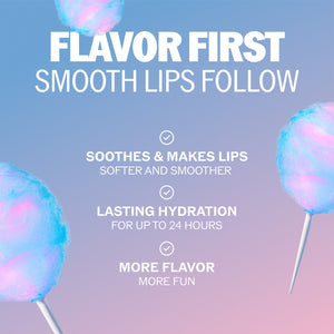 Cotton candy lip balm tube with colorful lollipop-style graphics