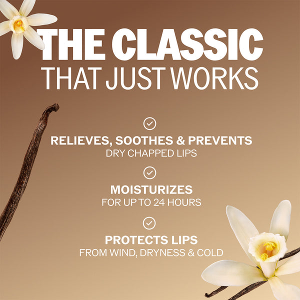 ChapStick Classic Vanilla lip balm tube with vanilla flower and bean illustrations