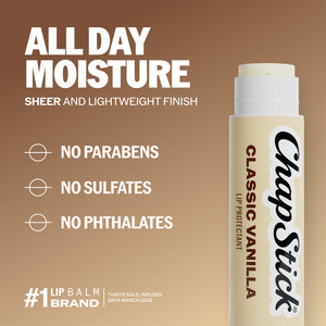 ChapStick Classic Vanilla lip balm stick in white container with vanilla label
