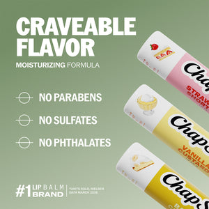 ChapStick Vintage Desserts lip balm tubes on front panel with no-parabens icons
