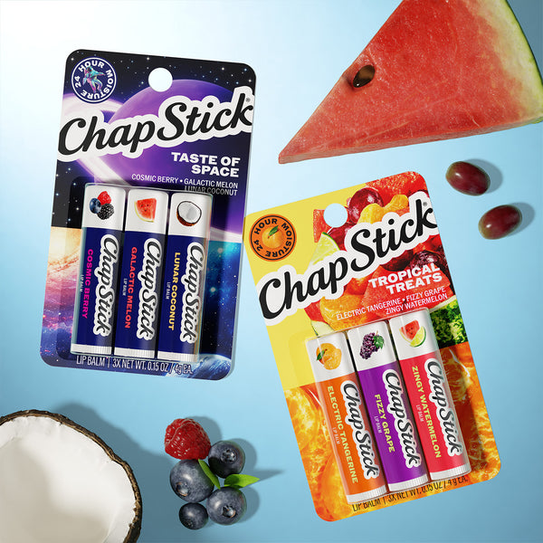 ChapStick Taste of Space lip balm 3-pack blister with three tubes and fruit