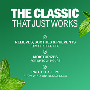 ChapStick Classic Spearmint lip balm promotional graphic with mint leaves and checkmarks