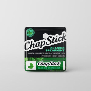 ChapStick Classic Spearmint lip balm jar, green and black label with leaf graphic