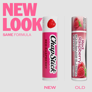 ChapStick red raspberry lip balm stick, new and old package side by side
