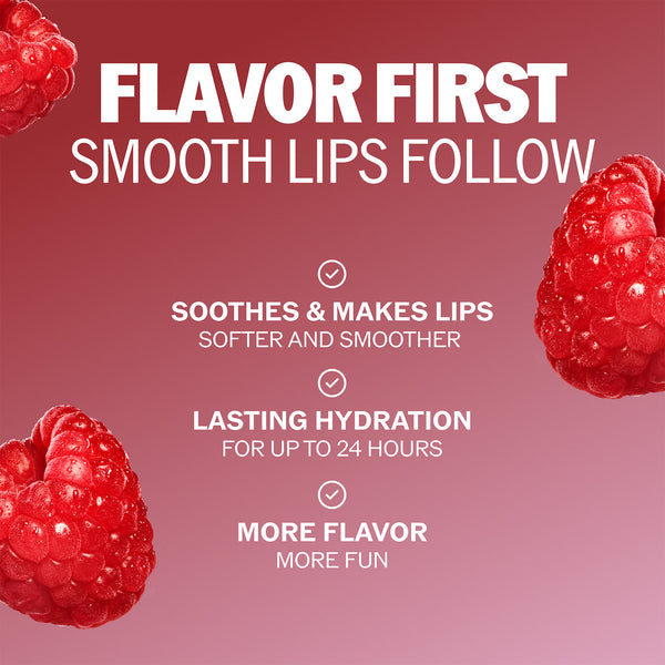 Red raspberry lip balm flavor graphic with raspberries and smooth lips text