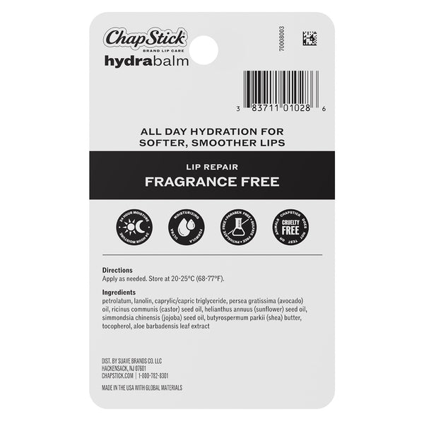 Fragrance-free hydrating lip balm label on product backing