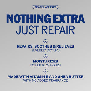 Fragrance-free lip repair balm benefits text on product package