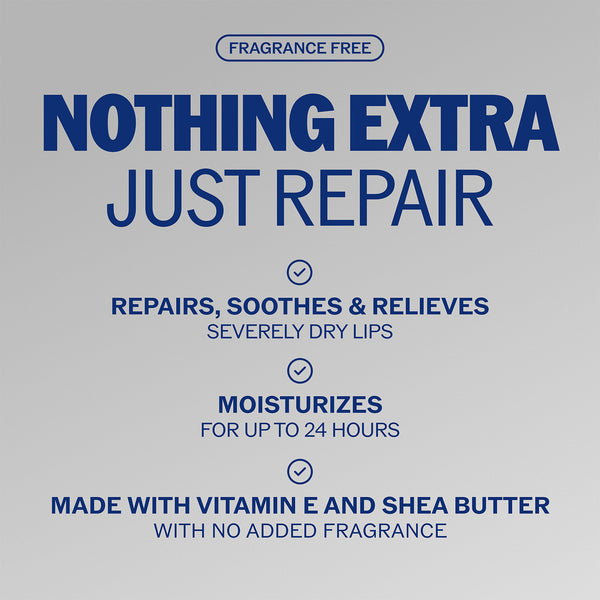 Fragrance-free lip repair balm benefits text on product package