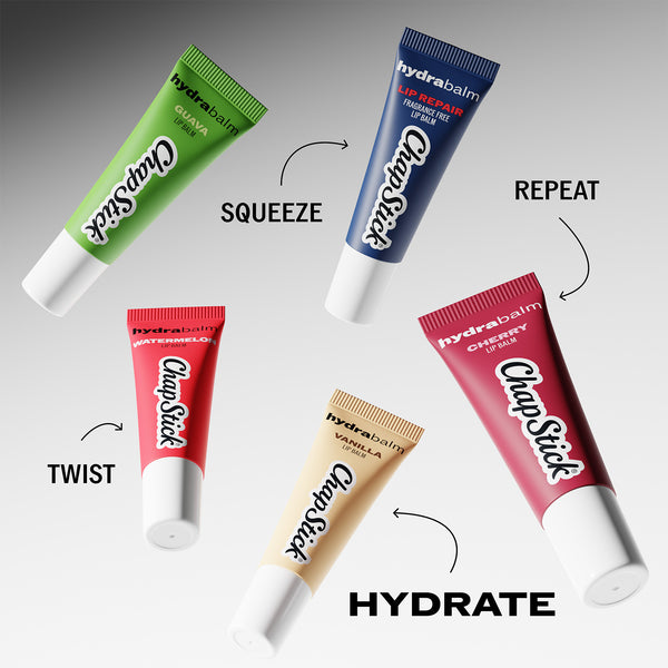Assorted hydrating lip balm tubes in green, blue, tan, and pink