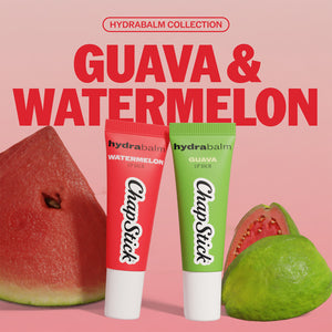 ChapStick Hydrabalm guava and watermelon lip balm tubes with guava and watermelon fruit