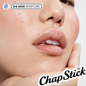 ChapStick Hydrabalm lip balm applied on lips with 24-hour moisture droplet icon
