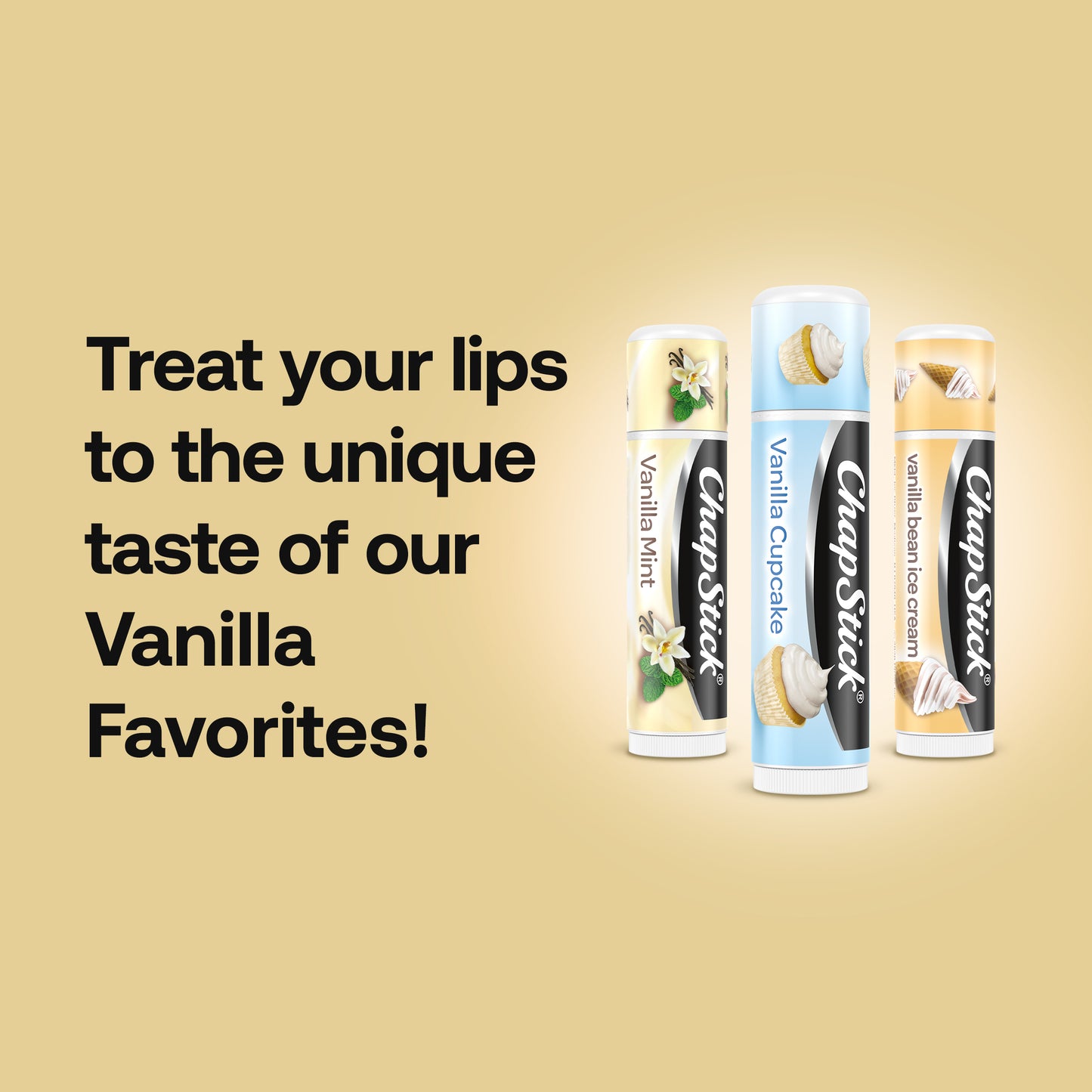 
                  
                    Chapstick Vanilla Favorites 3ct lip balm set by ChapStick with three 0.15 ounce vanilla mint, cupcake, bean sticks
                  
                