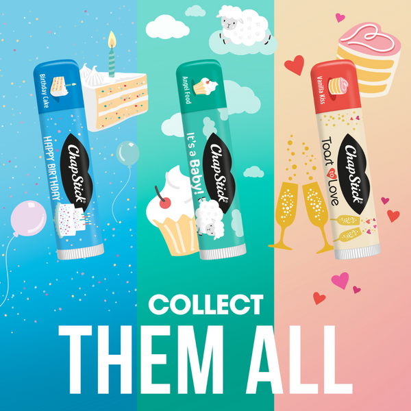 ChapStick Party Favor Collection 10ct Toast To Love lip balm party favor gift pack in blue with Happy Birthday cake